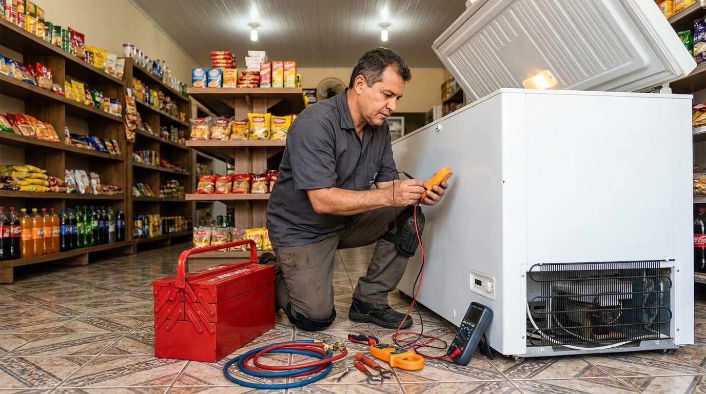 Manômetro conectado ao circuito durante recarga de gás de freezer em Belo Horizonte‑MG