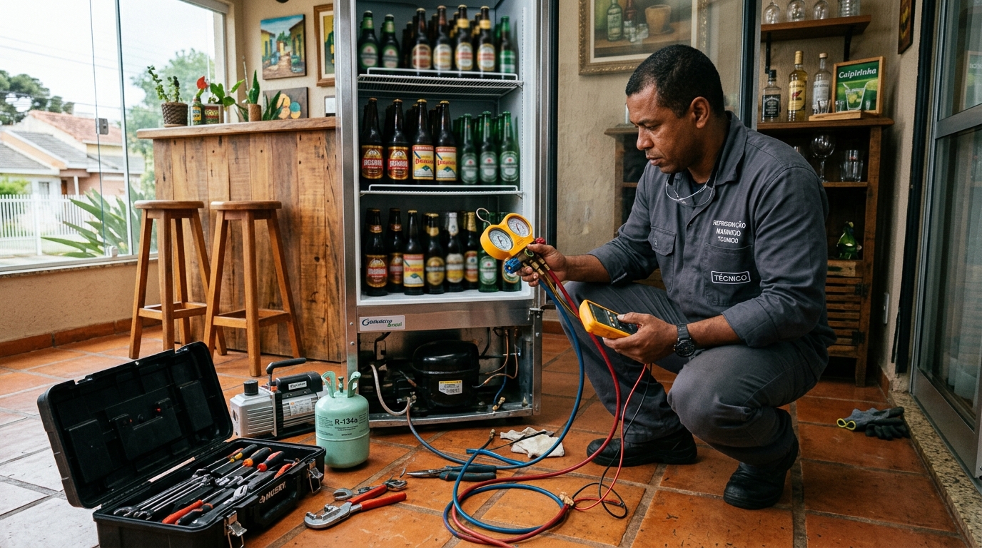 Técnico conferindo a temperatura de uma cervejeira durante atendimento em Belo Horizonte‑MG