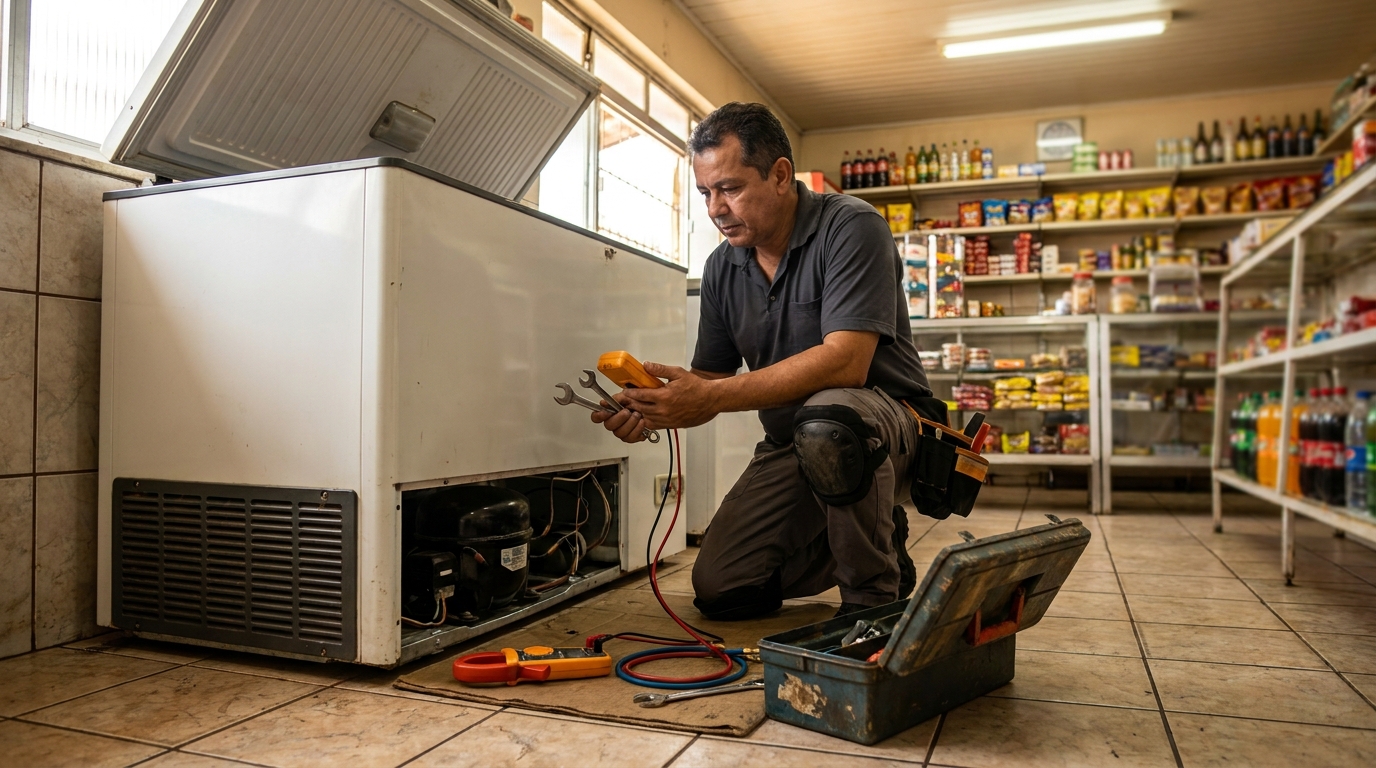 Técnico avaliando um freezer vertical durante atendimento em Belo Horizonte‑MG
