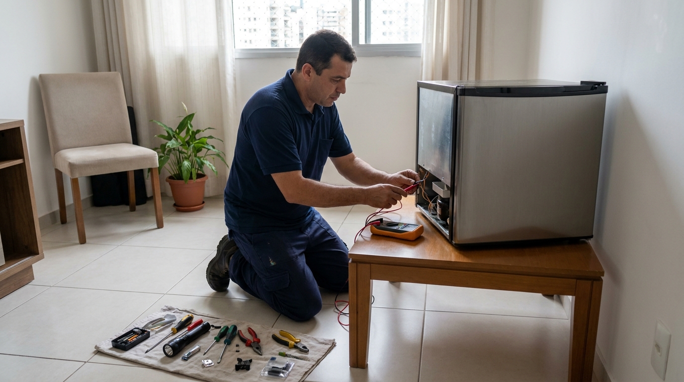 Técnico avaliando um frigobar compacto durante atendimento em Belo Horizonte‑MG